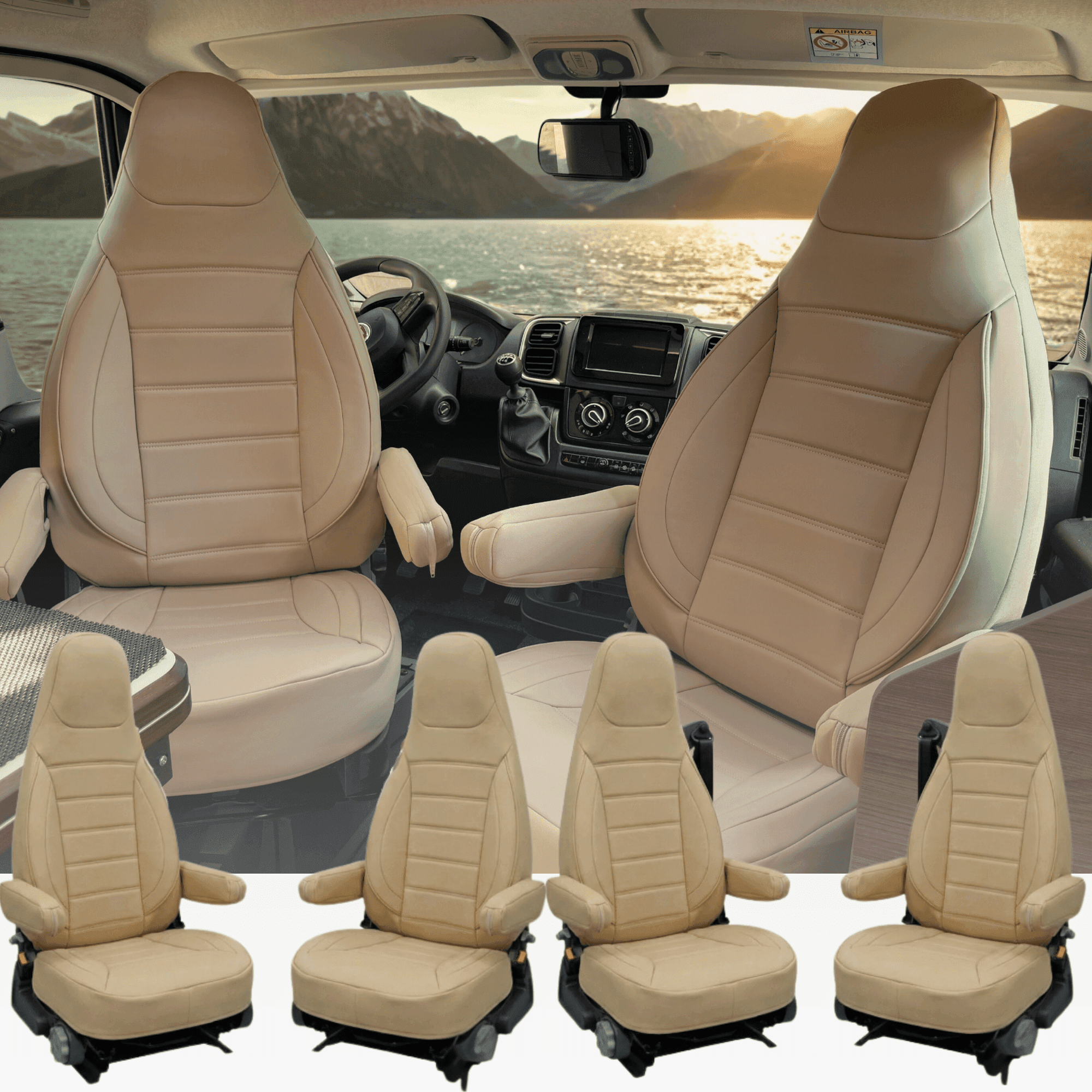 Camper seat covers for Fiat Ducato X250 | With armrest covers | Set of 2 | CBS - Beige faux leather