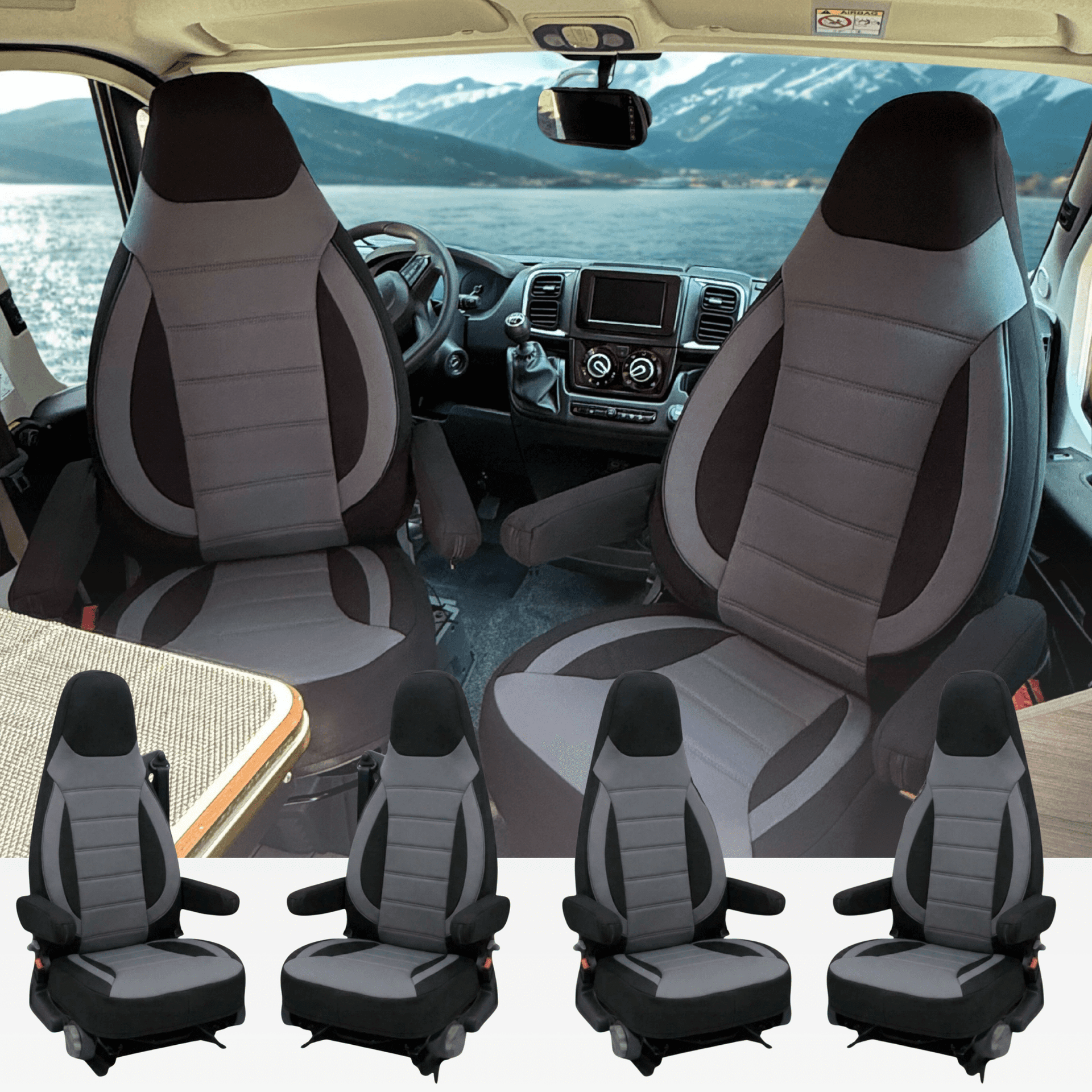 Chair covers for Citroen Jumper | Covers with armrests | CBS - Black - Grey
