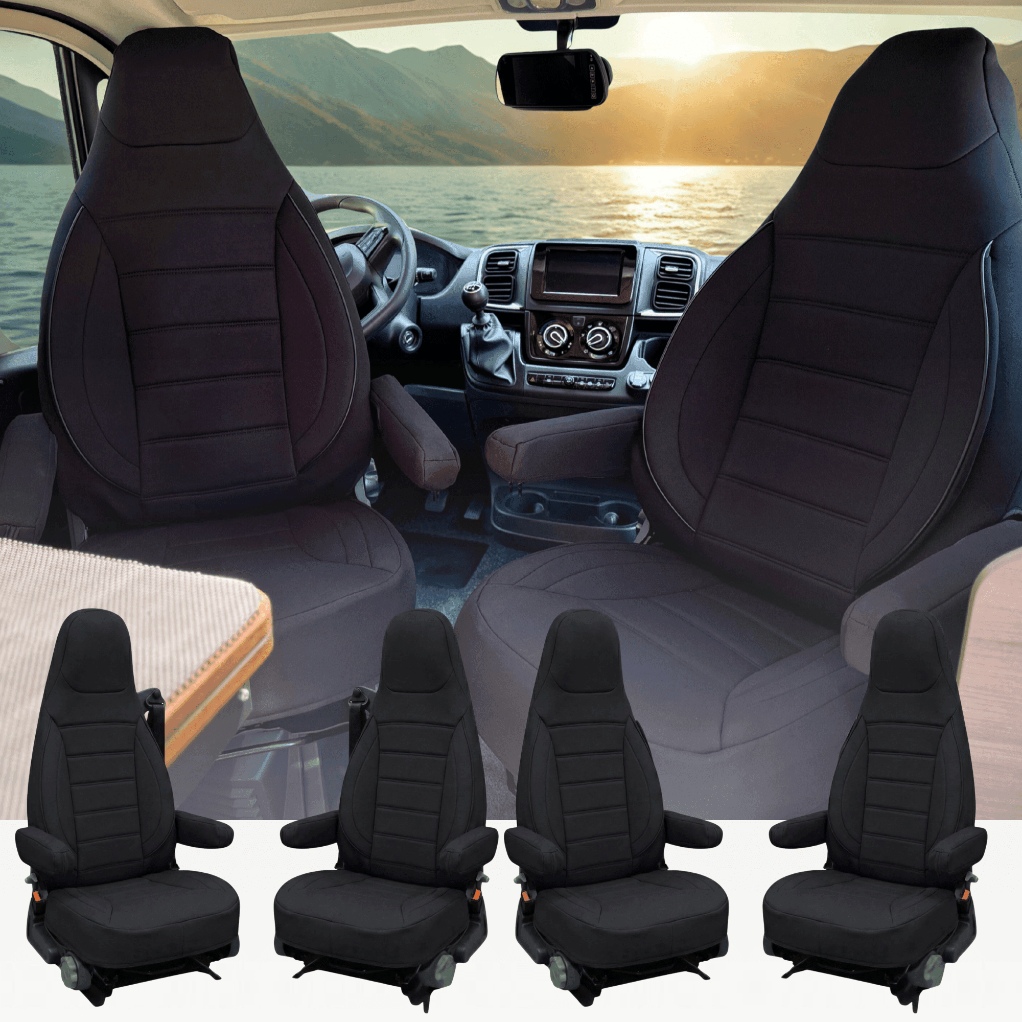 Camper seat covers for Fiat Ducato X250 | With armrest covers | Set of 2 | CBS - Black