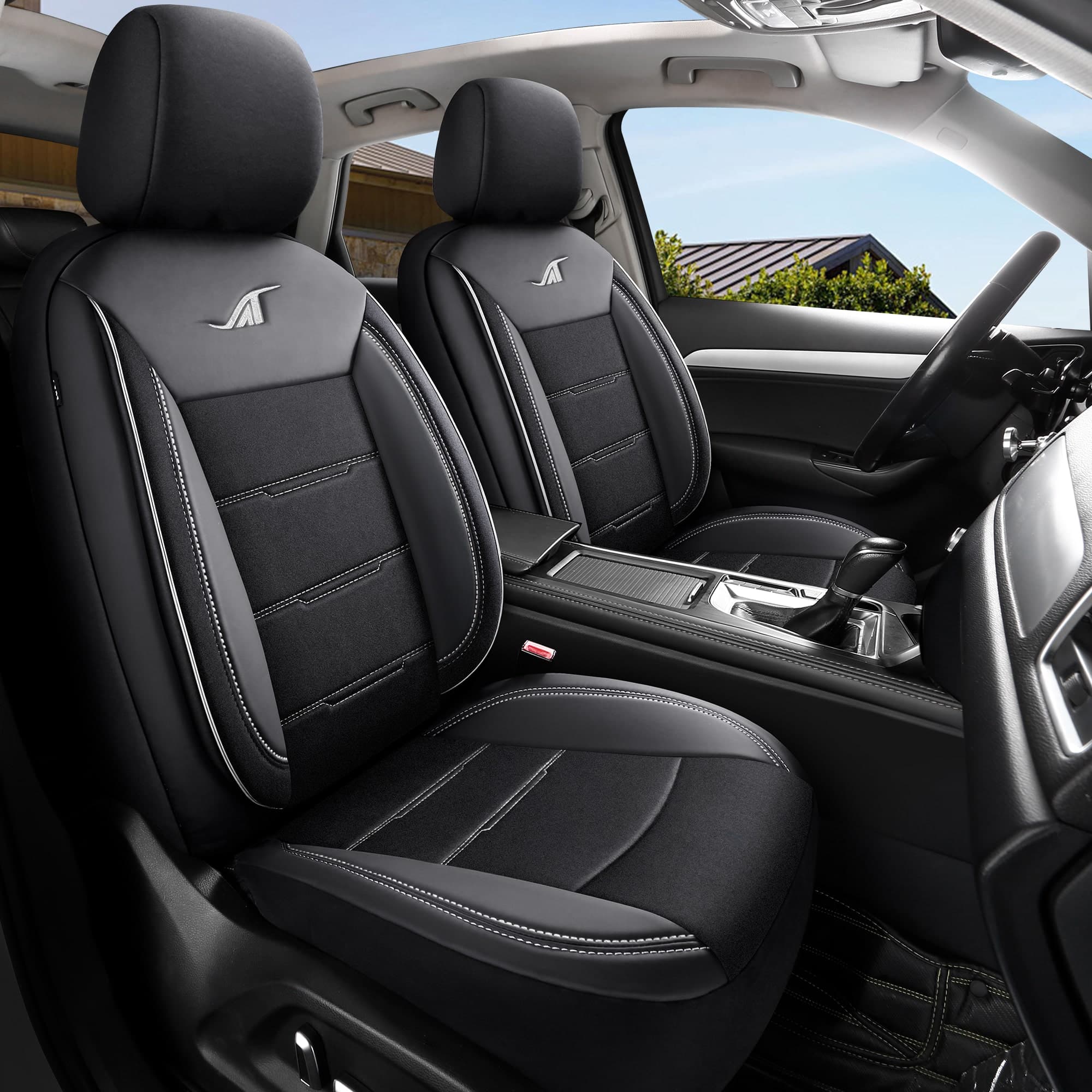 Car seat covers for Mitsubishi Outlander 3 | Complete set of front seats | AIE Series – Black with white stitching