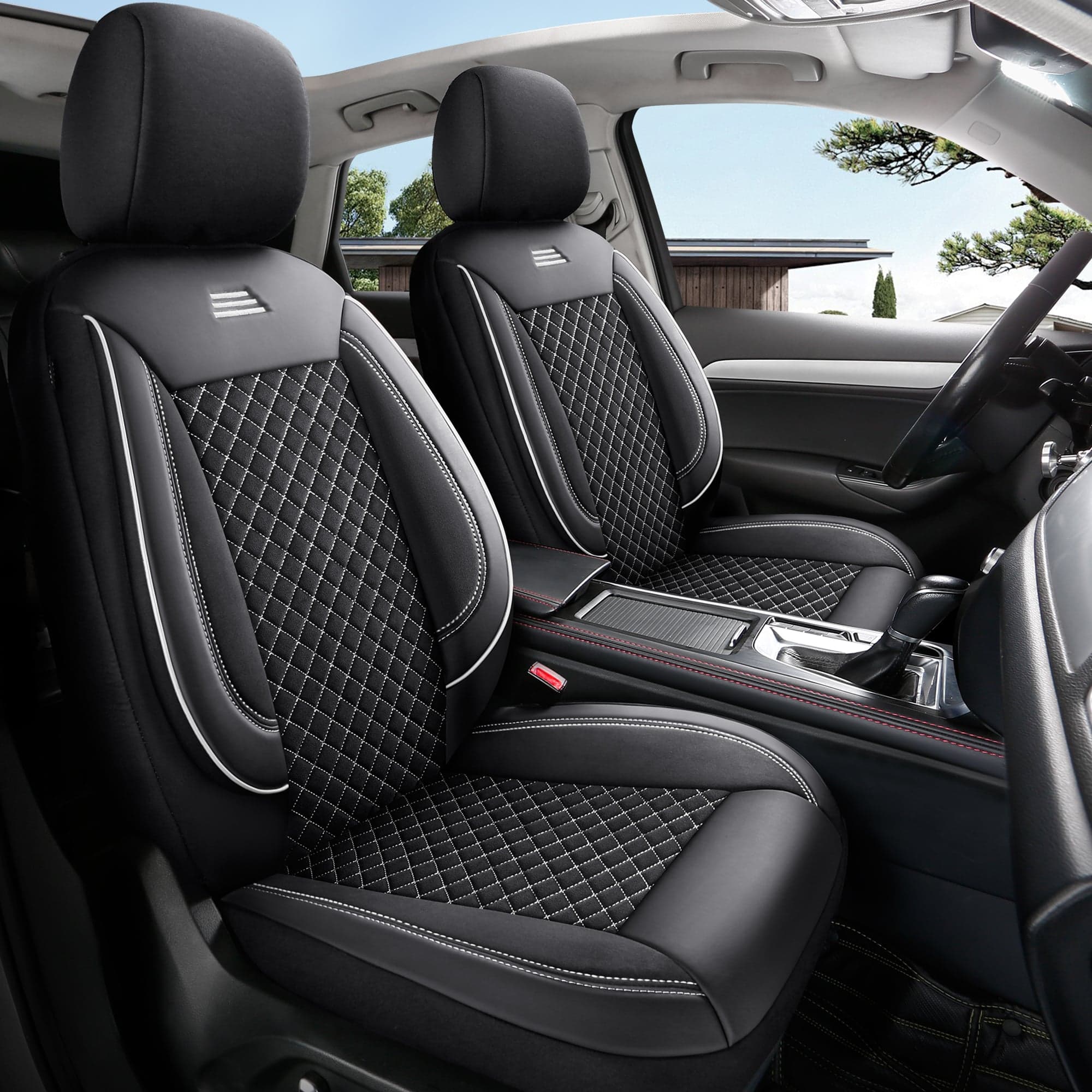 Car seat covers for Toyota Camry 8 in pasvorm | Complete front seat set | AIS Series – Black with white stitching
