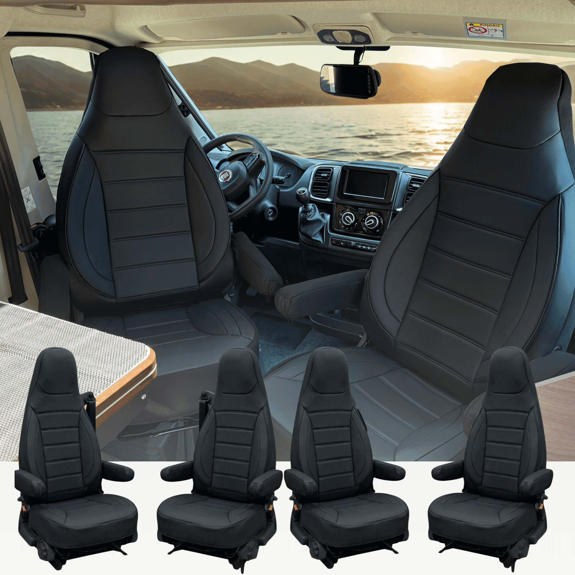 Camper seat covers for Malibu Van | With armrest covers | Set of 2 | CBS – Black faux leather