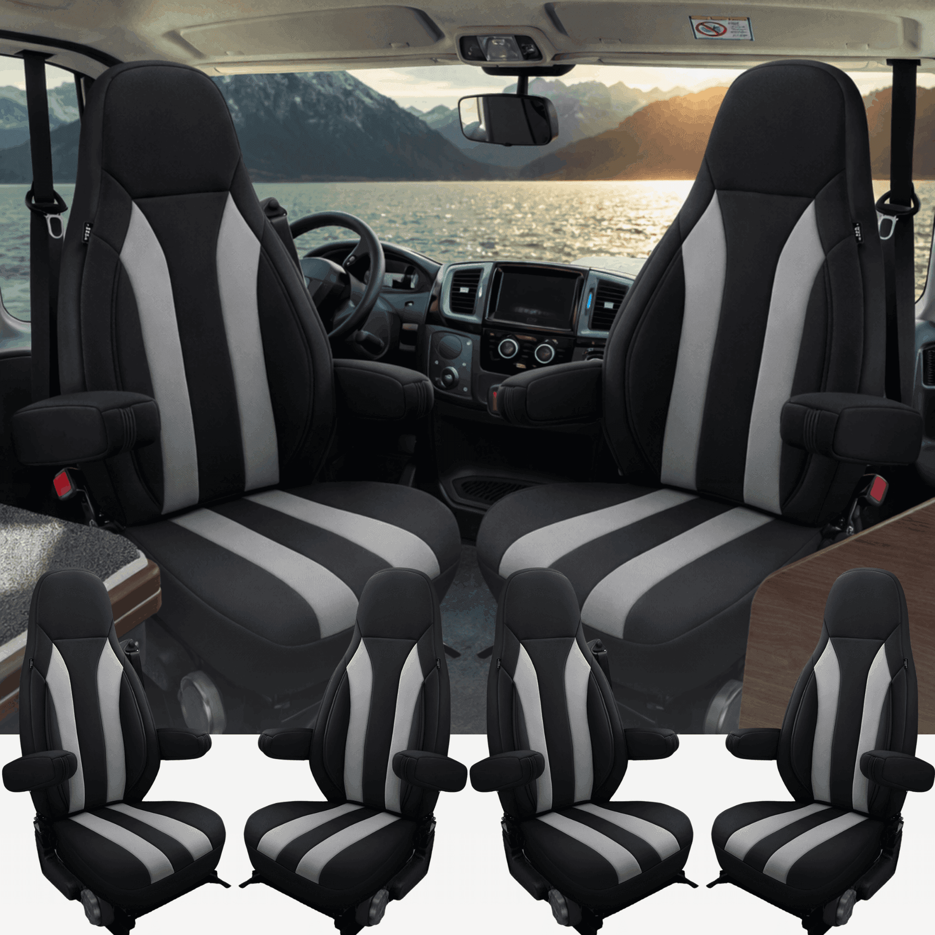 Camper stoelhoezen voor Pilote Van / Van Charming | Met armleuning hoezen | Set van 2 | CIM2 Serie - Zwart - Lichtgrijs