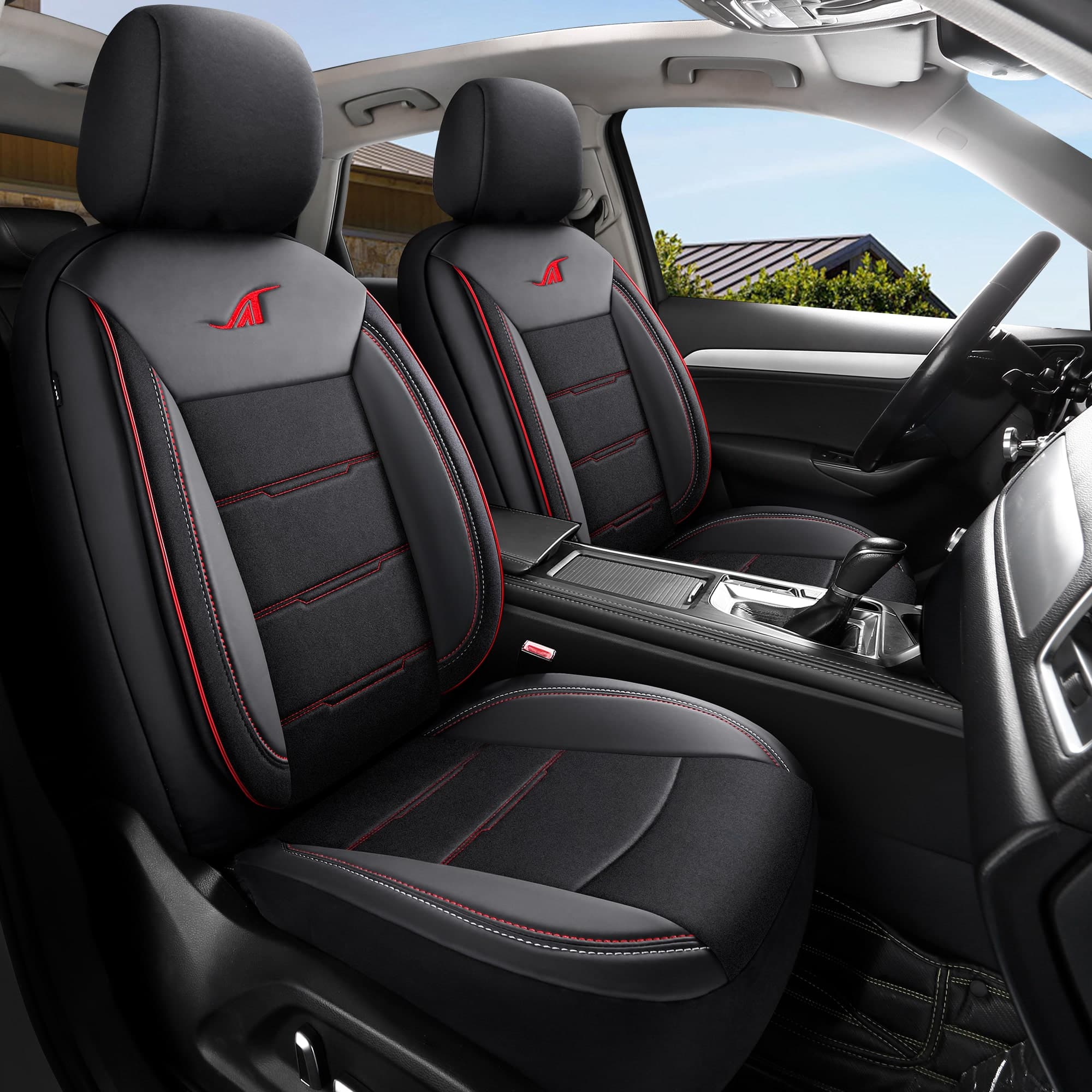 Car seat covers for Seat Leon 3 5F | Complete set of front seats | AIE Series – Black with red stitching