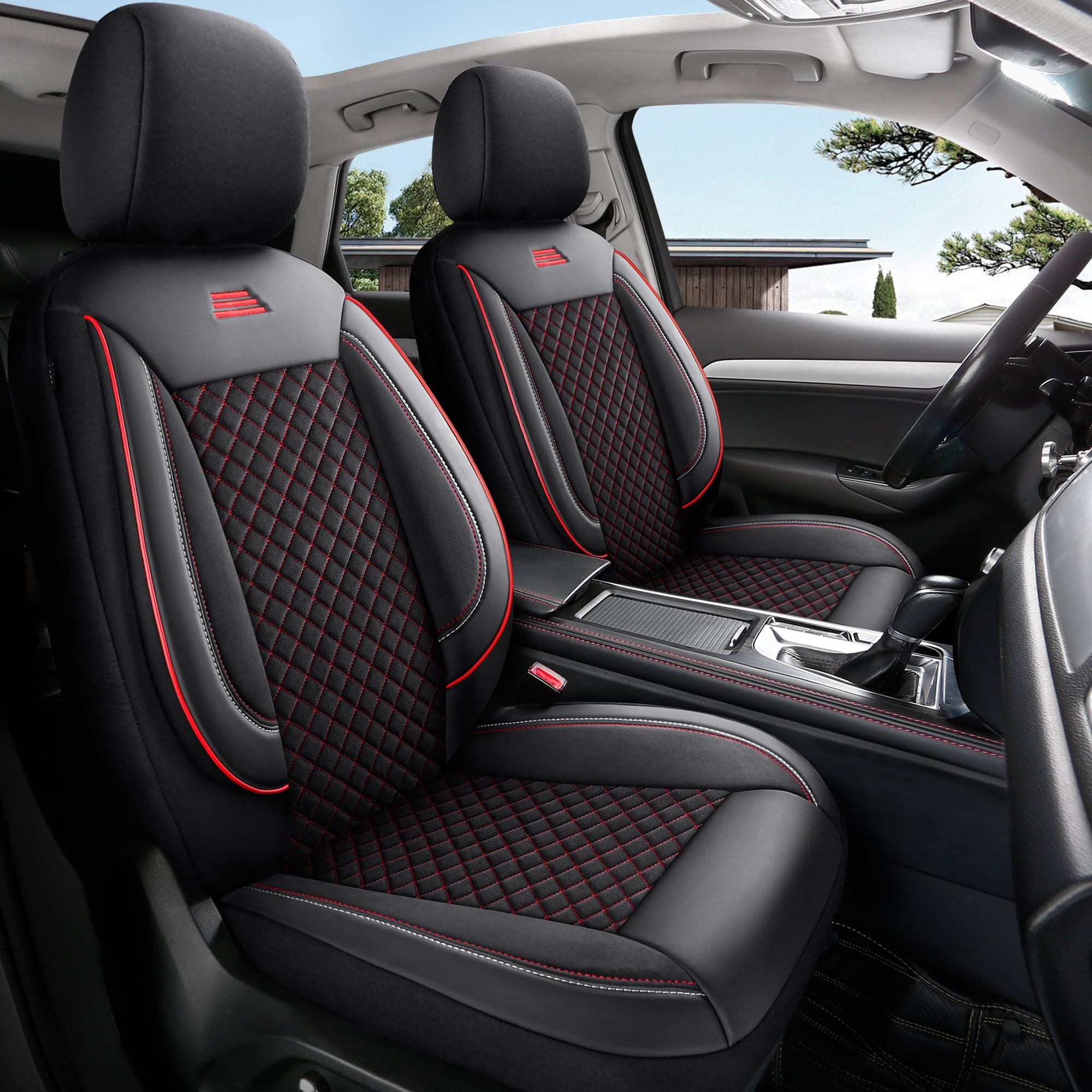 Car seat covers for Mercedes GLK X204 in pasvorm | Complete set of front seats | AIS Series – Black with red stitching