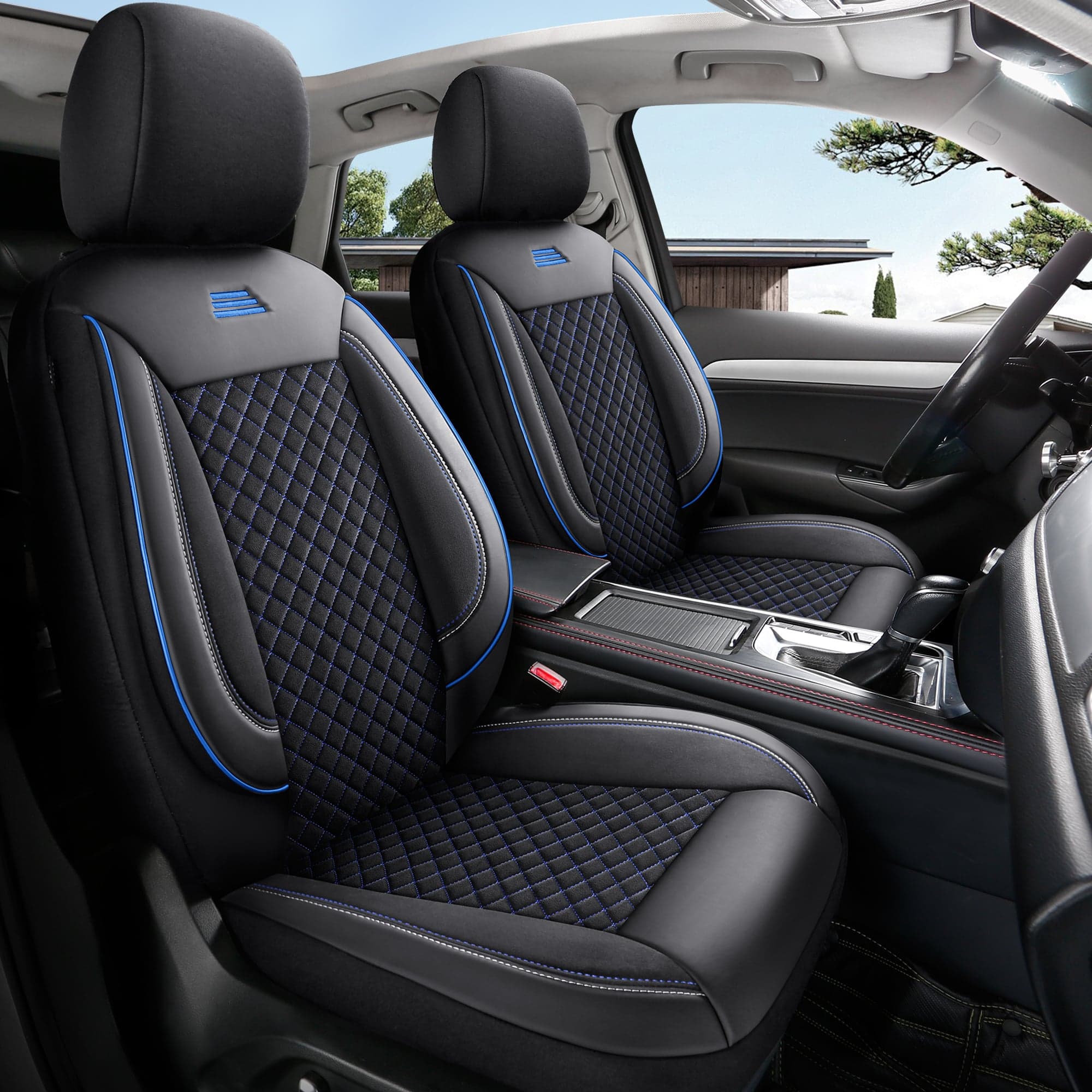Car seat covers for Ford Fiesta MK 8 in pasvorm | Complete front seat set | AIS Series – Black with blue stitching