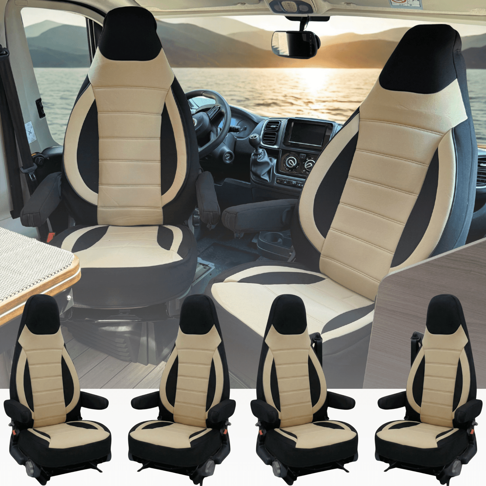 Camper seat covers for Pilote Van / Van Charming | With armrest covers | Set of 2 | CBS - Black - Beige